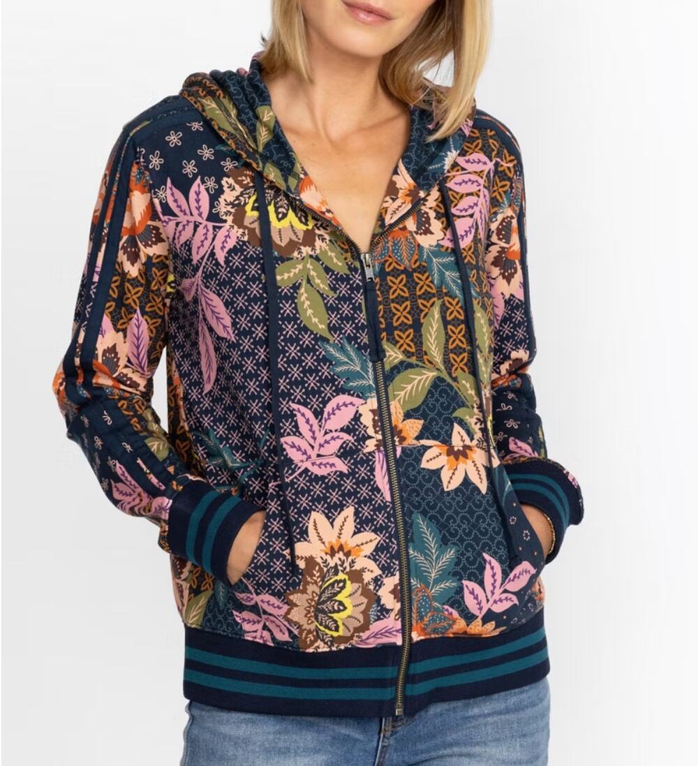 Johnny Was Delfino Front Zip Hoodie Jacket with Tape Floral Stripes Medium Navy